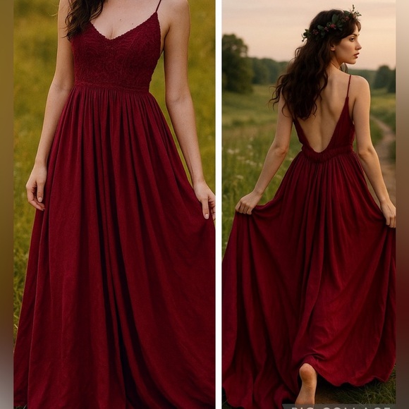 Windsor Burgundy Crochet Upper Maxi Dress with Spaghetti Straps Boho Fairy - Picture 1 of 7
